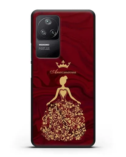 Именной чехол Принцесса с короной красный мрамор силиконовый для Xiaomi Poco F4