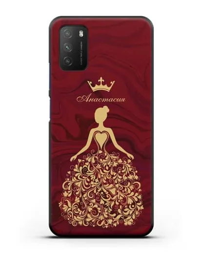 Именной чехол Принцесса с короной красный мрамор силиконовый для Xiaomi Poco M3