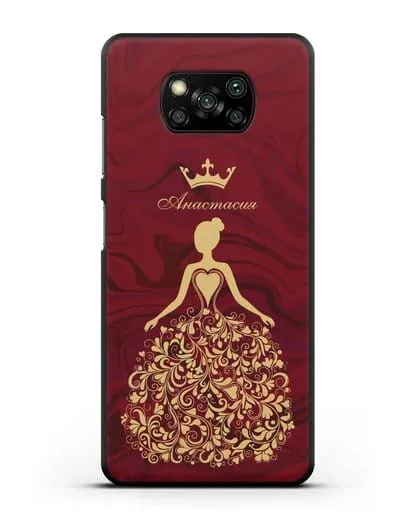 Именной чехол Принцесса с короной красный мрамор силиконовый для Xiaomi Poco X3