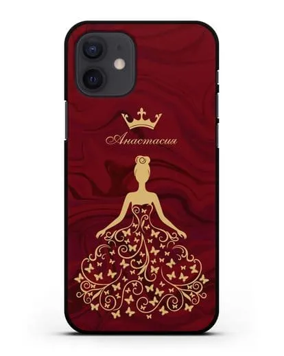 Именной чехол с изображением девушки с короной красный мрамор силиконовый для iPhone 12