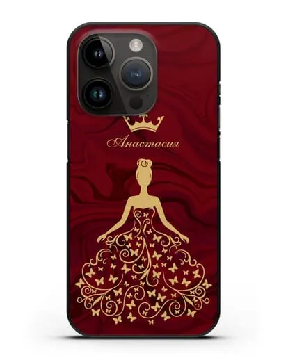 Именной чехол с изображением девушки с короной красный мрамор силиконовый для iPhone 14 Pro
