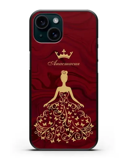 Именной чехол с изображением девушки с короной красный мрамор силиконовый для iPhone 15