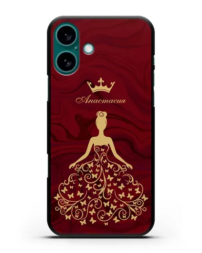 Именной чехол с изображением девушки с короной красный мрамор силиконовый для iPhone 16 Plus