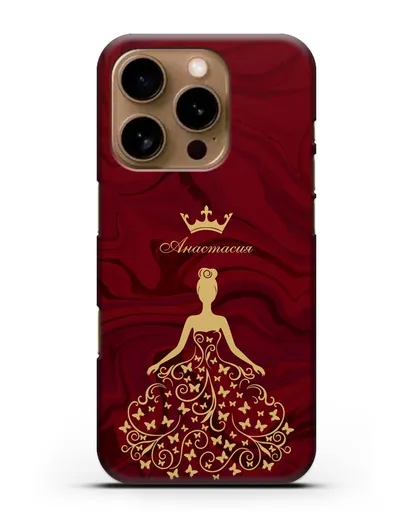 Именной чехол с изображением девушки с короной красный мрамор силиконовый для iPhone 16 Pro