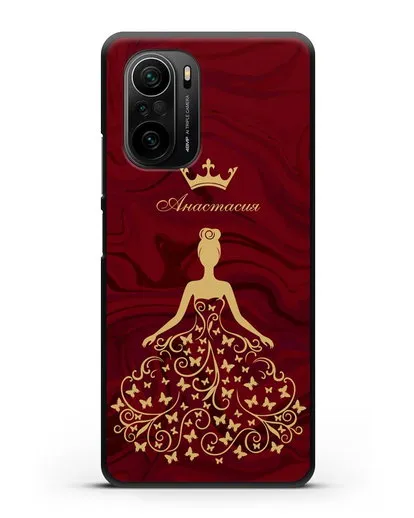 Именной чехол с изображением девушки с короной красный мрамор силиконовый для Xiaomi Poco F3