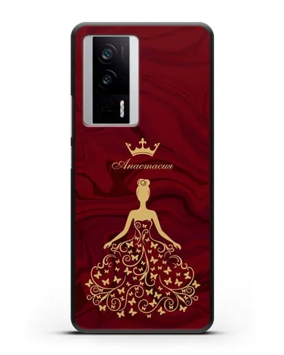 Именной чехол с изображением девушки с короной красный мрамор силиконовый для Xiaomi Poco F5 Pro