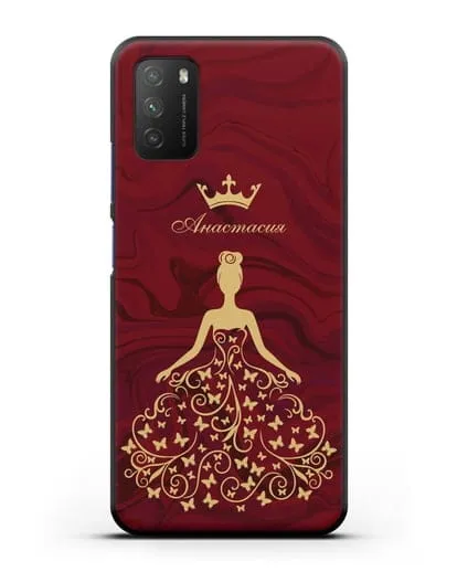 Именной чехол с изображением девушки с короной красный мрамор силиконовый для Xiaomi Poco M3