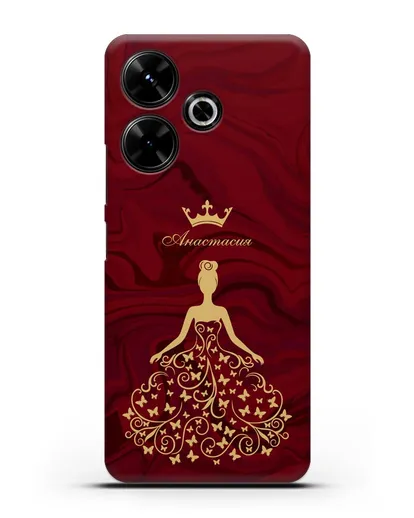 Именной чехол с изображением девушки с короной красный мрамор силиконовый для Xiaomi Poco M6