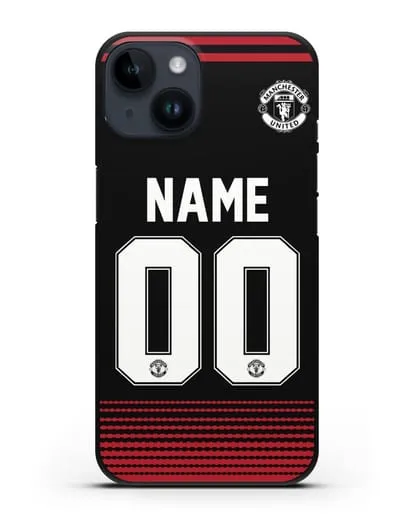 Именной чехол Манчестер Юнайтед с фамилией и номером (сезон 2018-2019) черная форма силиконовый для iPhone 14