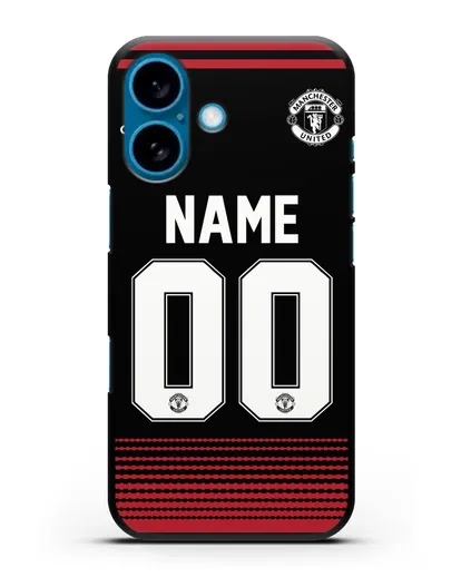 Именной чехол Манчестер Юнайтед с фамилией и номером (сезон 2018-2019) черная форма силиконовый для iPhone 16
