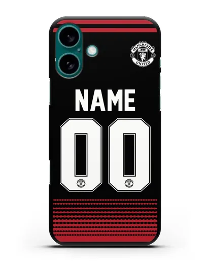 Именной чехол Манчестер Юнайтед с фамилией и номером (сезон 2018-2019) черная форма силиконовый для iPhone 16 Plus