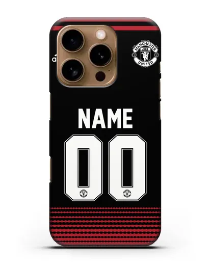 Именной чехол Манчестер Юнайтед с фамилией и номером (сезон 2018-2019) черная форма силиконовый для iPhone 16 Pro