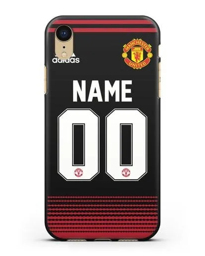 Именной чехол Манчестер Юнайтед с фамилией и номером (сезон 2018-2019) черная форма силиконовый для iPhone XR