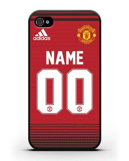 Именной чехол Манчестер Юнайтед с фамилией и номером (сезон 2018-2019) красная форма силиконовый для iPhone 4/4s