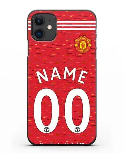 Именной чехол ФК Манчестер Юнайтед с фамилией и номером (сезон 2020-2021) домашняя форма силиконовый для iPhone 11