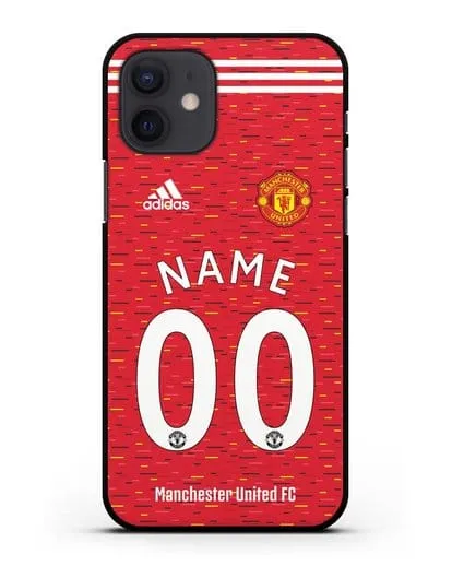 Именной чехол ФК Манчестер Юнайтед с фамилией и номером (сезон 2020-2021) домашняя форма силиконовый для iPhone 12