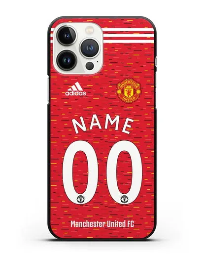 Именной чехол ФК Манчестер Юнайтед с фамилией и номером (сезон 2020-2021) домашняя форма силиконовый для iPhone 13 Pro Max