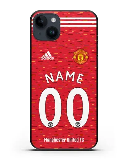 Именной чехол ФК Манчестер Юнайтед с фамилией и номером (сезон 2020-2021) домашняя форма силиконовый для iPhone 14 Plus