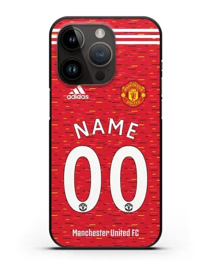 Именной чехол ФК Манчестер Юнайтед с фамилией и номером (сезон 2020-2021) домашняя форма силиконовый для iPhone 14 Pro