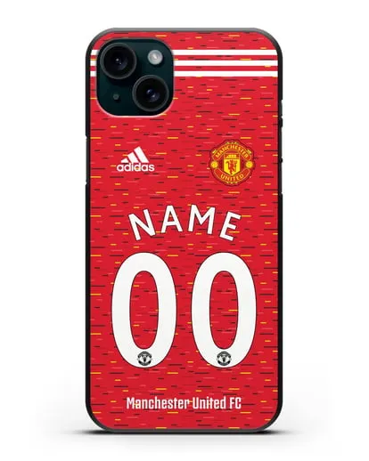 Именной чехол ФК Манчестер Юнайтед с фамилией и номером (сезон 2020-2021) домашняя форма силиконовый для iPhone 15 Plus