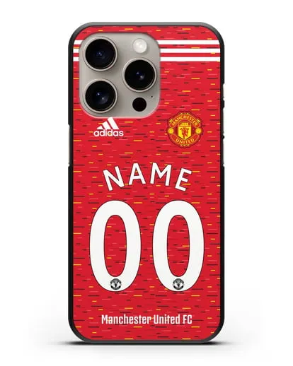 Именной чехол ФК Манчестер Юнайтед с фамилией и номером (сезон 2020-2021) домашняя форма силиконовый для iPhone 15 Pro