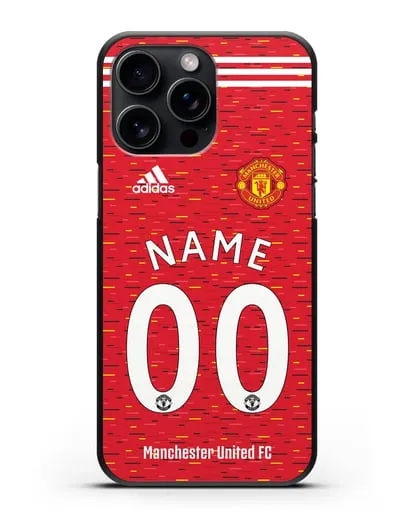 Именной чехол ФК Манчестер Юнайтед с фамилией и номером (сезон 2020-2021) домашняя форма силиконовый для iPhone 15 Pro Max