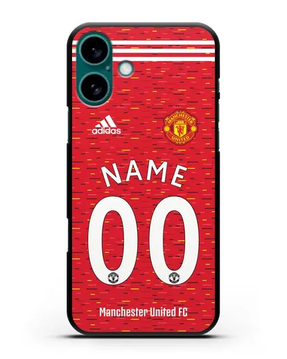 Именной чехол ФК Манчестер Юнайтед с фамилией и номером (сезон 2020-2021) домашняя форма силиконовый для iPhone 16 Plus