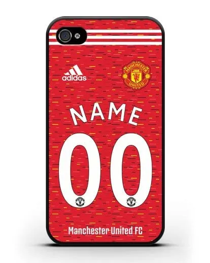 Именной чехол ФК Манчестер Юнайтед с фамилией и номером (сезон 2020-2021) домашняя форма силиконовый для iPhone 4/4s