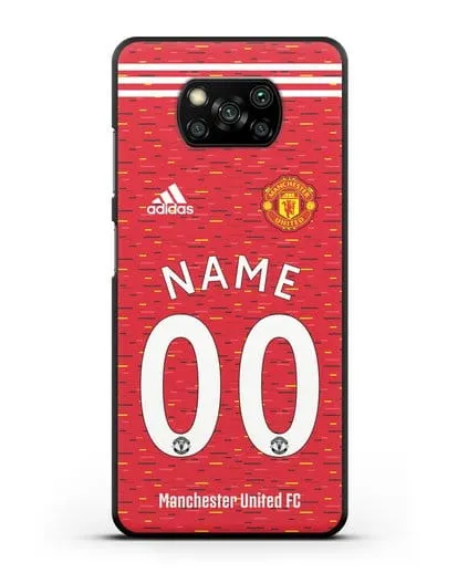 Именной чехол ФК Манчестер Юнайтед с фамилией и номером (сезон 2020-2021) домашняя форма силиконовый для Xiaomi Poco X3