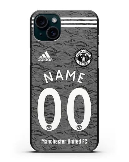 Именной чехол ФК Манчестер Юнайтед с фамилией и номером (сезон 2020-2021) гостевая форма силиконовый для iPhone 15 Plus