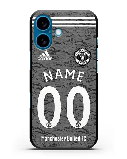 Именной чехол ФК Манчестер Юнайтед с фамилией и номером (сезон 2020-2021) гостевая форма силиконовый для iPhone 16