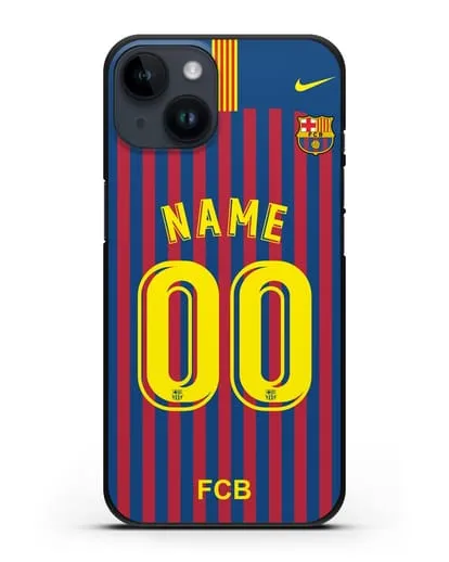 Именной чехол Барселона с фамилией и номером (сезон 2018-2019) сине-красная форма силиконовый для iPhone 14