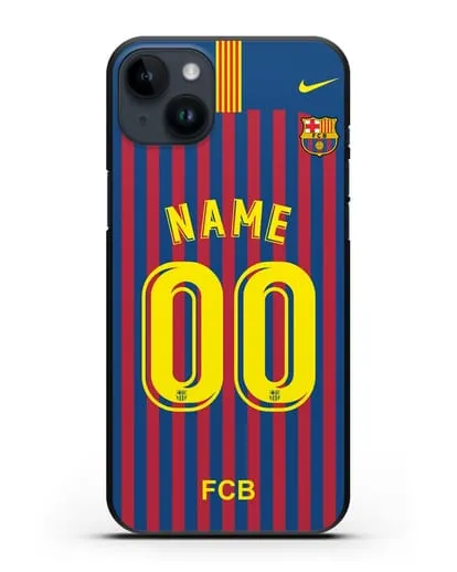 Именной чехол Барселона с фамилией и номером (сезон 2018-2019) сине-красная форма силиконовый для iPhone 14 Plus