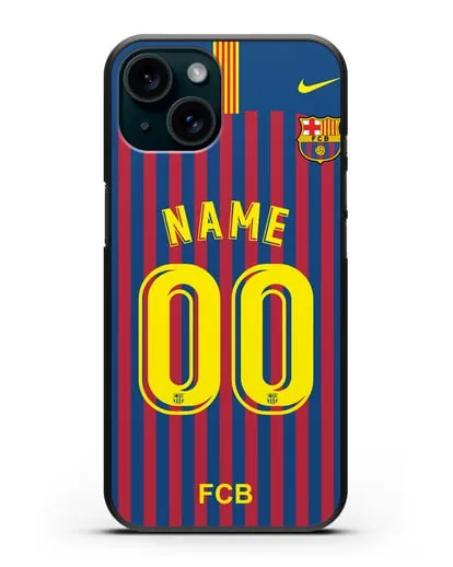 Именной чехол Барселона с фамилией и номером (сезон 2018-2019) сине-красная форма силиконовый для iPhone 15