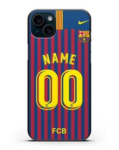 Именной чехол Барселона с фамилией и номером (сезон 2018-2019) сине-красная форма силиконовый для iPhone 15 Plus