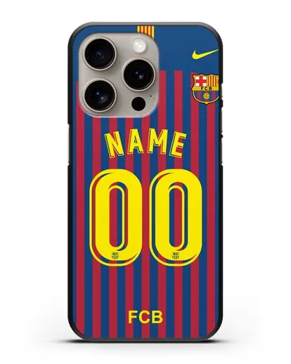 Именной чехол Барселона с фамилией и номером (сезон 2018-2019) сине-красная форма силиконовый для iPhone 15 Pro