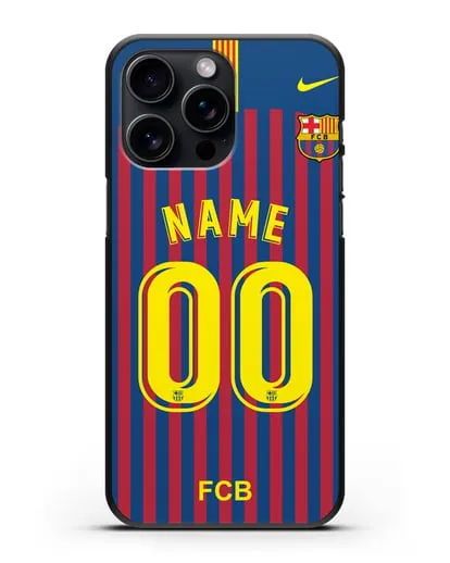 Именной чехол Барселона с фамилией и номером (сезон 2018-2019) сине-красная форма силиконовый для iPhone 15 Pro Max