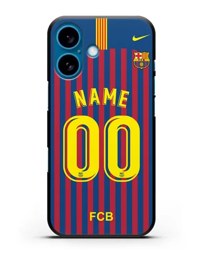 Именной чехол Барселона с фамилией и номером (сезон 2018-2019) сине-красная форма силиконовый для iPhone 16