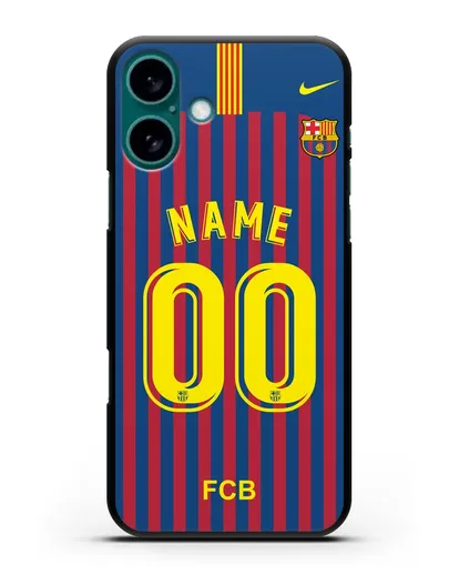 Именной чехол Барселона с фамилией и номером (сезон 2018-2019) сине-красная форма силиконовый для iPhone 16 Plus
