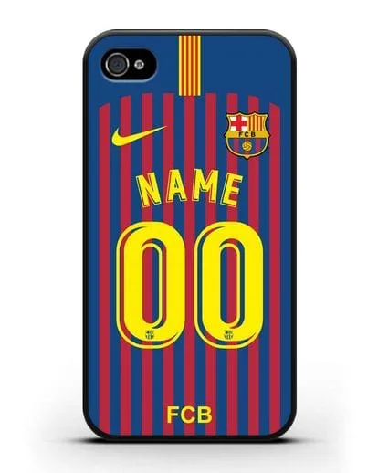 Именной чехол Барселона с фамилией и номером (сезон 2018-2019) сине-красная форма силиконовый для iPhone 4/4s