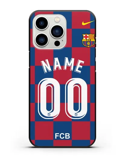 Именной чехол Барселона с фамилией и номером (сезон 2019-2020) красно-синяя форма силиконовый для iPhone 13 Pro