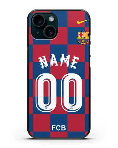 Именной чехол Барселона с фамилией и номером (сезон 2019-2020) красно-синяя форма силиконовый для iPhone 15