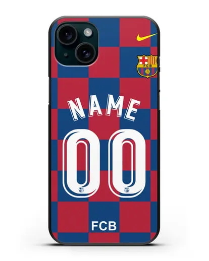 Именной чехол Барселона с фамилией и номером (сезон 2019-2020) красно-синяя форма силиконовый для iPhone 15 Plus