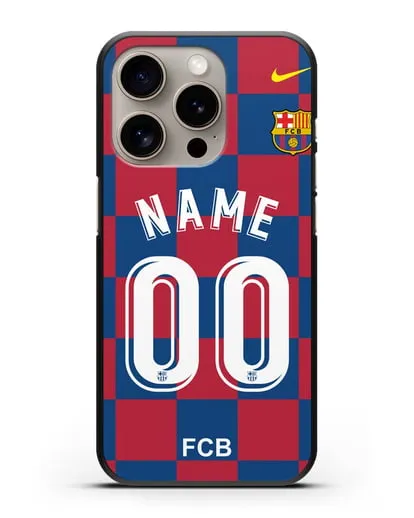 Именной чехол Барселона с фамилией и номером (сезон 2019-2020) красно-синяя форма силиконовый для iPhone 15 Pro