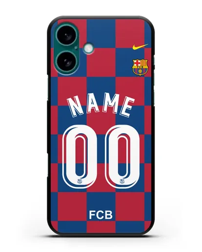 Именной чехол Барселона с фамилией и номером (сезон 2019-2020) красно-синяя форма силиконовый для iPhone 16 Plus