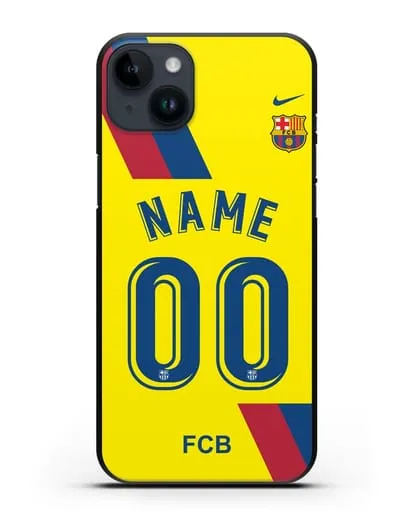 Именной чехол Барселона с фамилией и номером (сезон 2019-2020) желтая форма силиконовый для iPhone 14 Plus