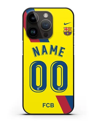 Именной чехол Барселона с фамилией и номером (сезон 2019-2020) желтая форма силиконовый для iPhone 14 Pro