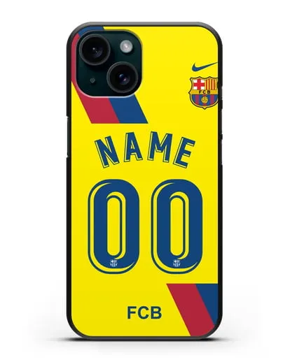 Именной чехол Барселона с фамилией и номером (сезон 2019-2020) желтая форма силиконовый для iPhone 15