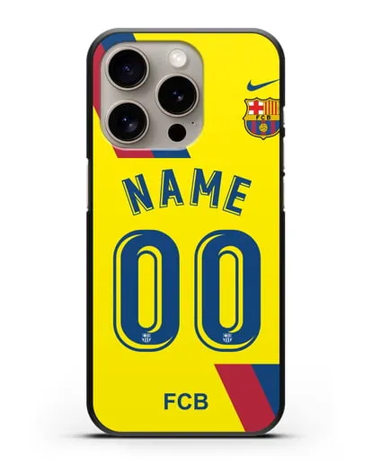 Именной чехол Барселона с фамилией и номером (сезон 2019-2020) желтая форма силиконовый для iPhone 15 Pro