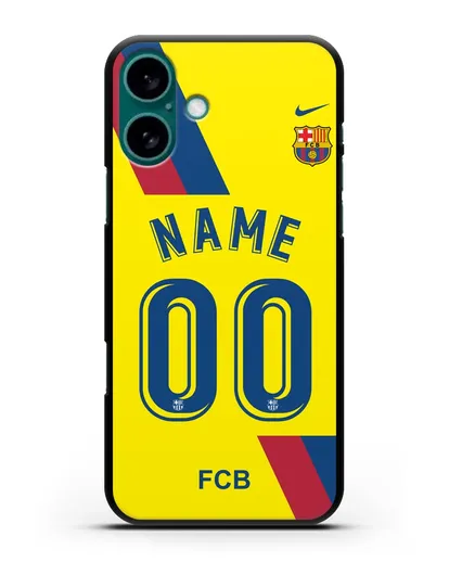 Именной чехол Барселона с фамилией и номером (сезон 2019-2020) желтая форма силиконовый для iPhone 16 Plus